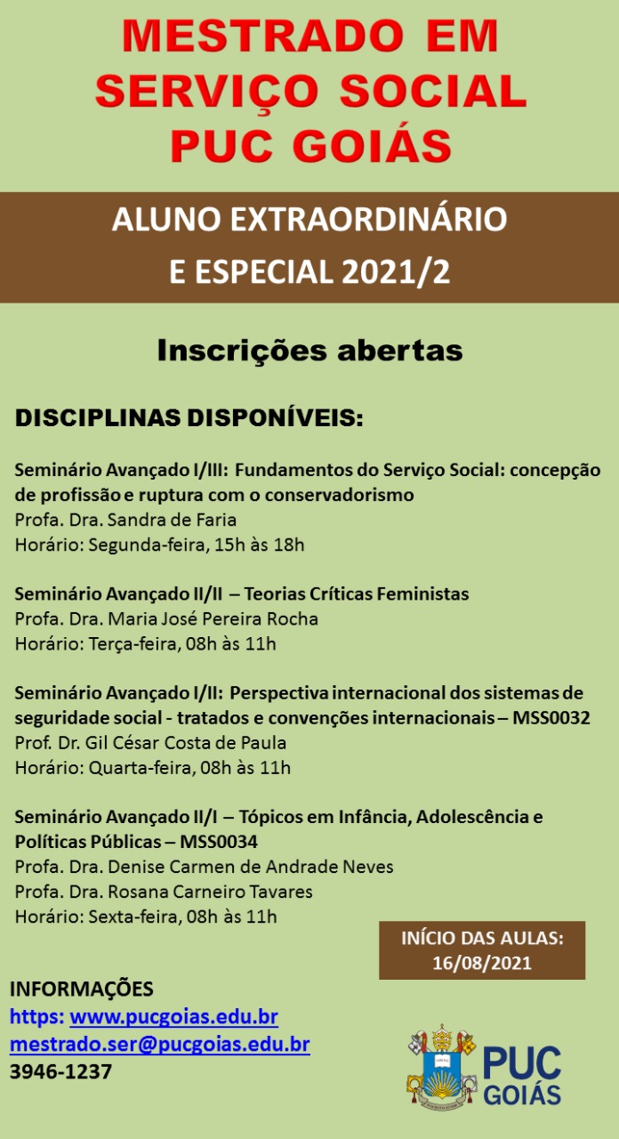 Mestrado em Serviço Social da PUC Goiás está com inscrição aberta para Aluno.a Extraordinário e Especial